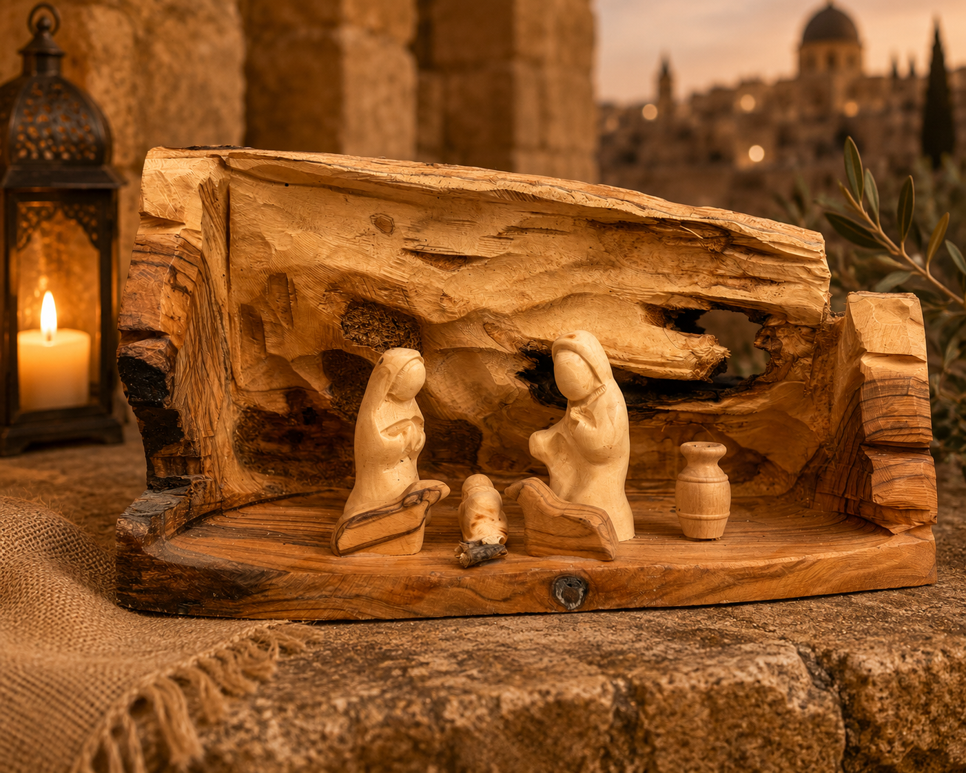Minimalist Olive Wood Nativity Cave Set