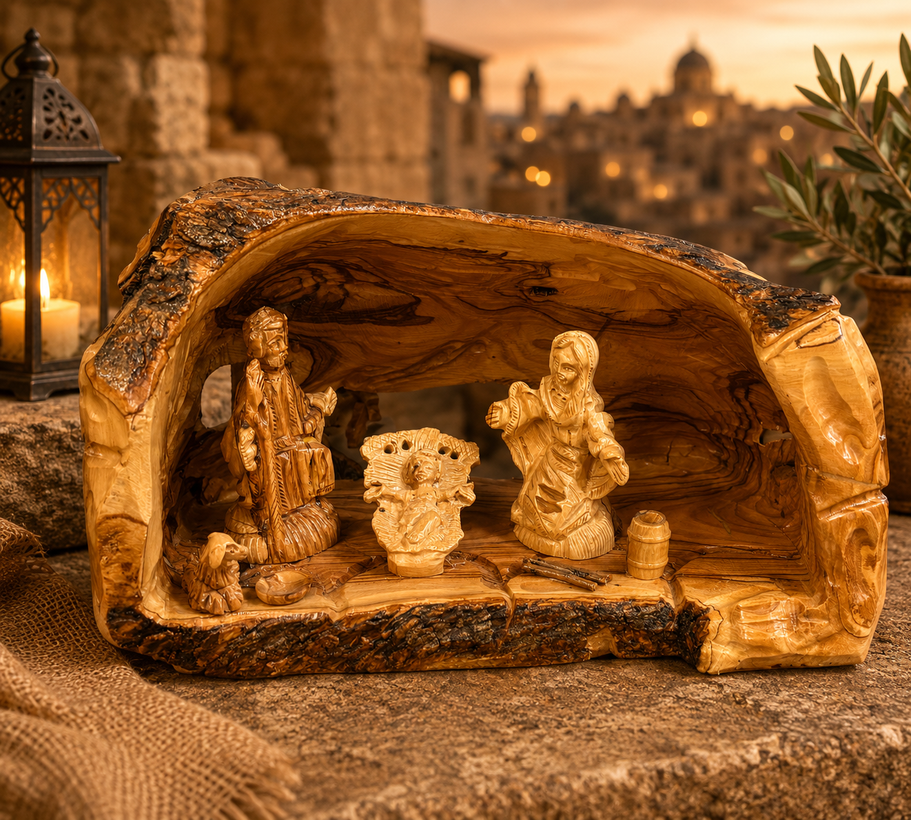 Rustic Olive Wood Holy Family Cave