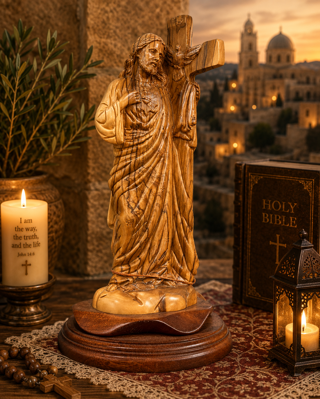 Olive Wood Sacred Heart of Jesus with Cross