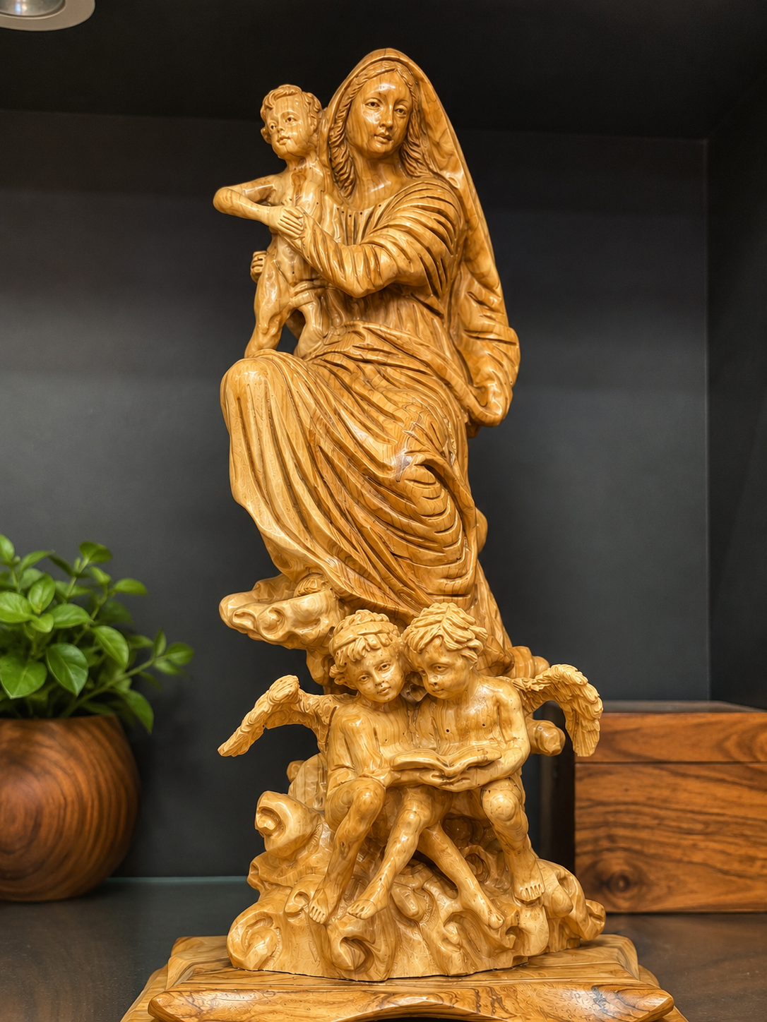 Virgin Mary and Child with Angels Olive Wood Statue
