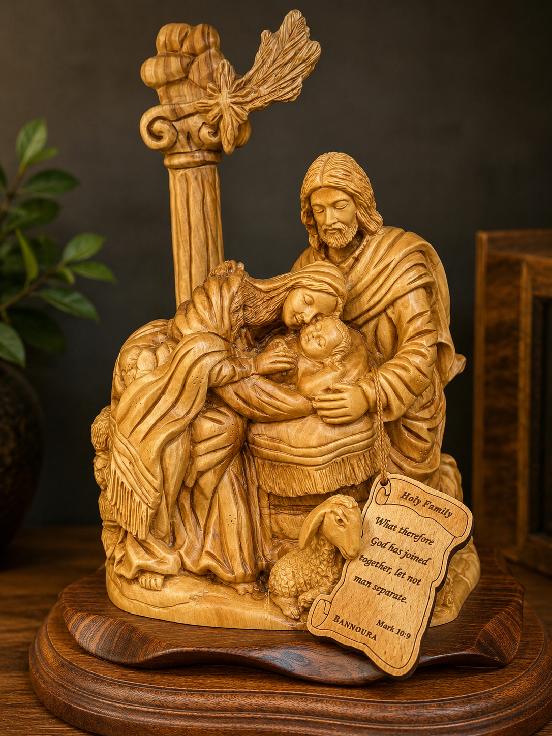 Holy Family Nativity Olive Wood Statue with Bethlehem Star