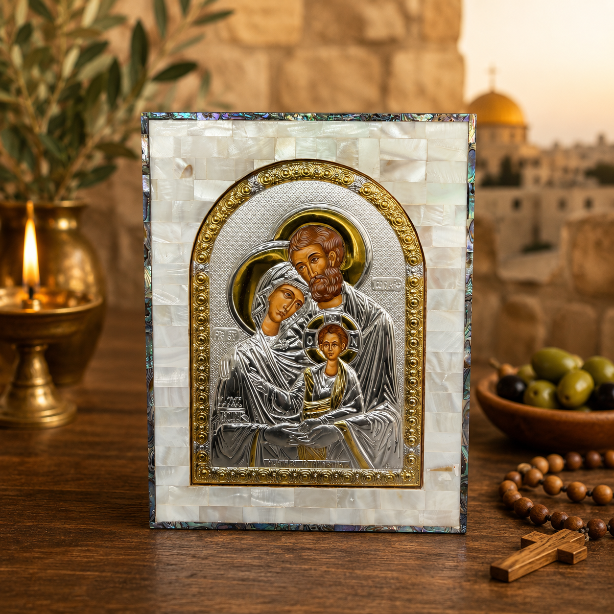 Holy Family Mother of Pearl Icon – Silver & Gold Byzantine Style from Bethlehem
