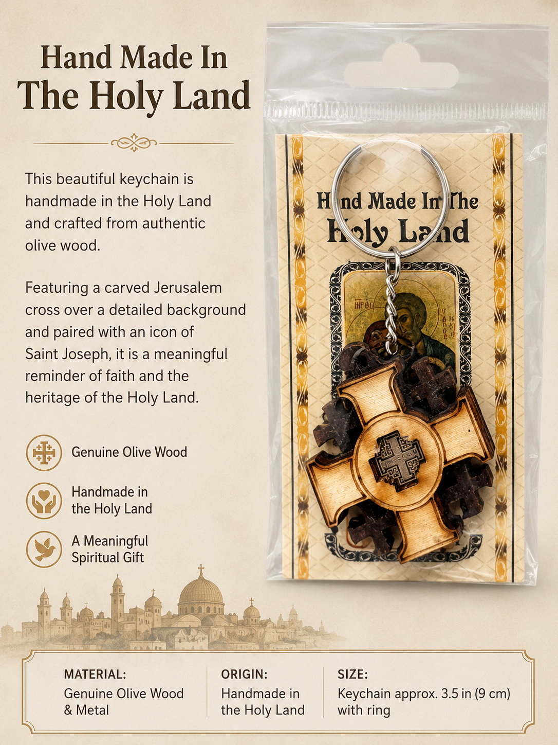 Olive Wood Jerusalem Cross Keychain – Handmade in the Holy Land