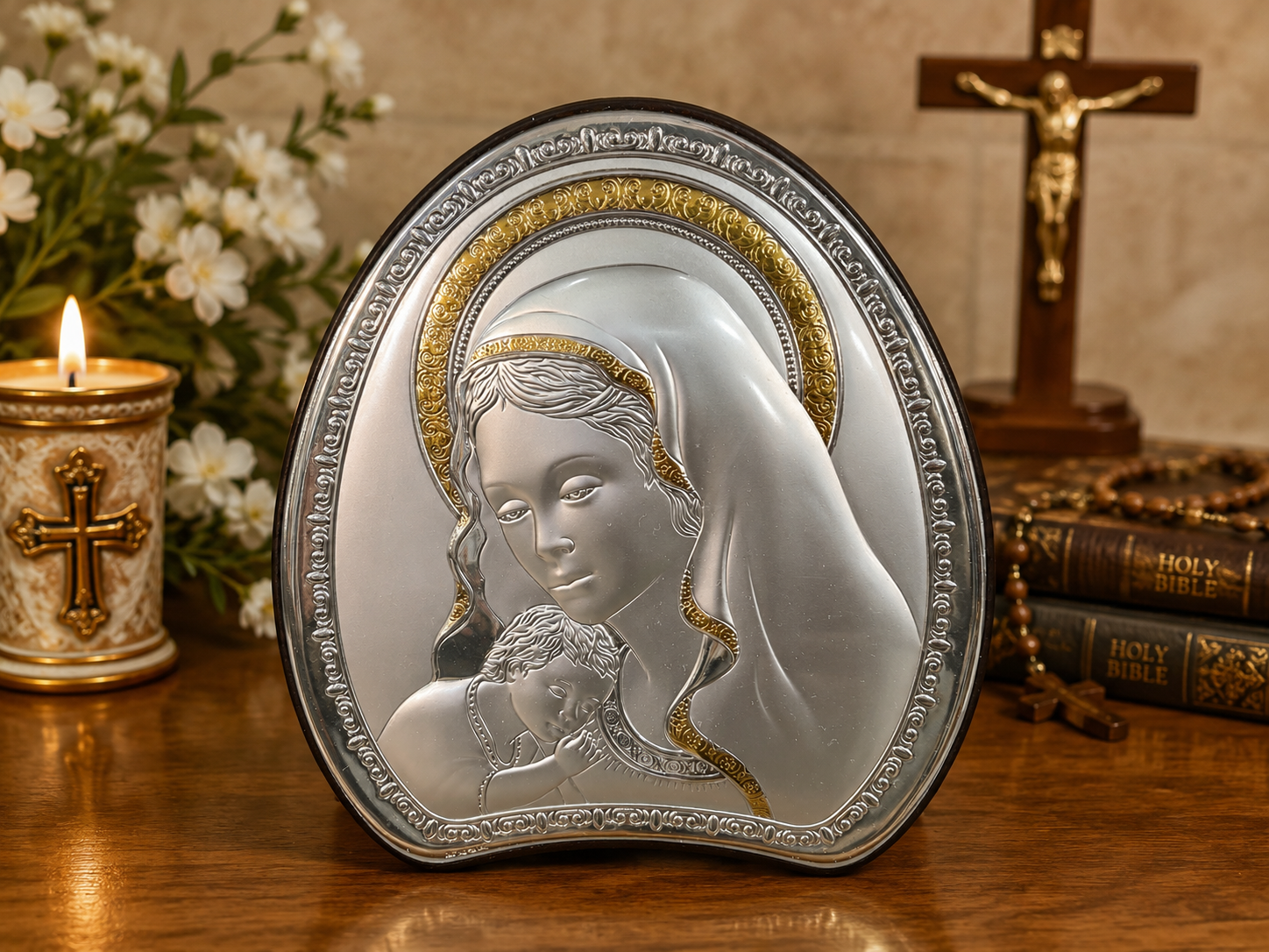 Madonna and Child Silver Icon Plaque – Blessed Virgin Mary Sacred Wall Décor