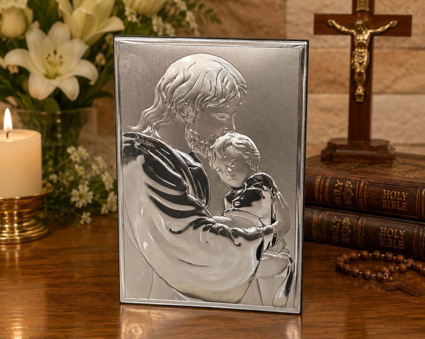 Saint Joseph and Child Jesus Silver Icon Plaque – Sacred Christian Wall Décor