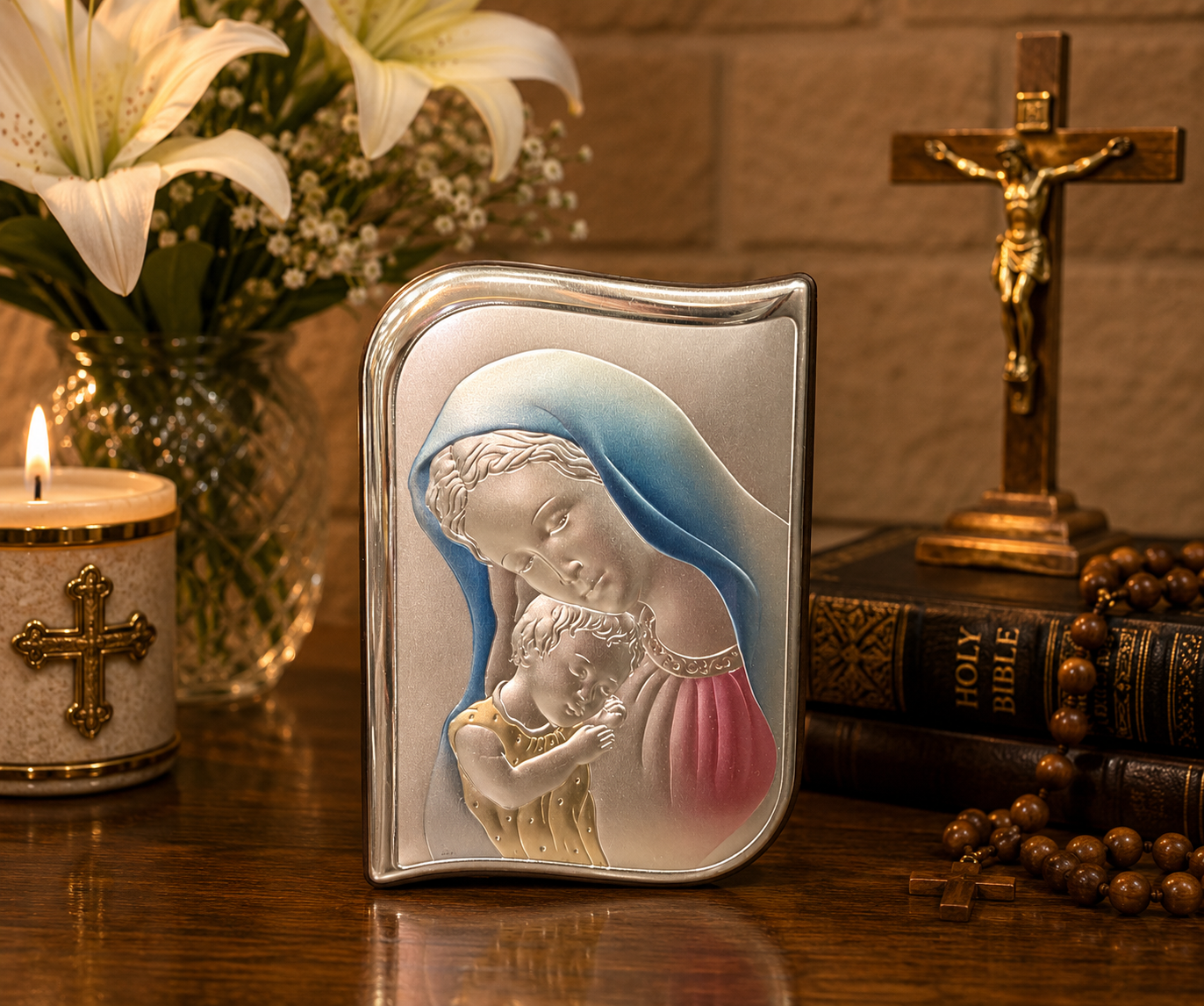 Madonna and Child Colored Silver Icon – Blessed Virgin Mary Sacred Plaque