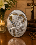 Holy Family Silver Oval Icon – Virgin Mary, Saint Joseph & Infant Jesus Plaque