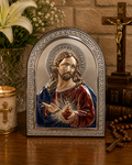 Sacred Heart of Jesus Silver Icon – Christ Blessing Religious Plaque