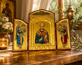 Saint Nicholas Triptych Icon with Archangels Michael & Gabriel – Handcrafted Byzantine Icon from the Holy Land