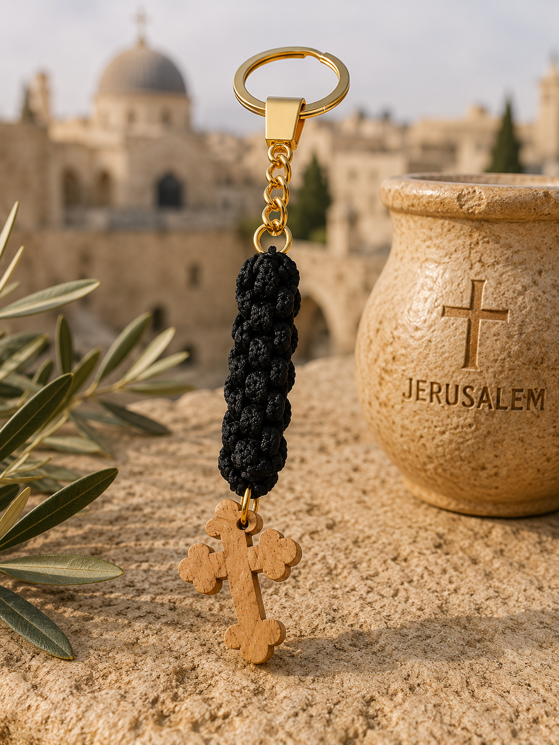 Handmade Olive Wood Cross Keychain – Orthodox Prayer Knot Holy Land Keepsake