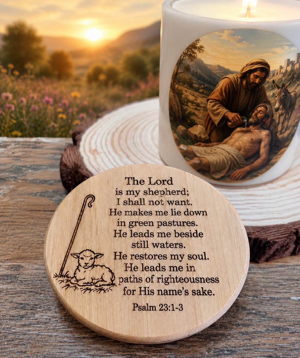 Good Samaritan Prayer Candle with Psalm 23 Wooden Plaque