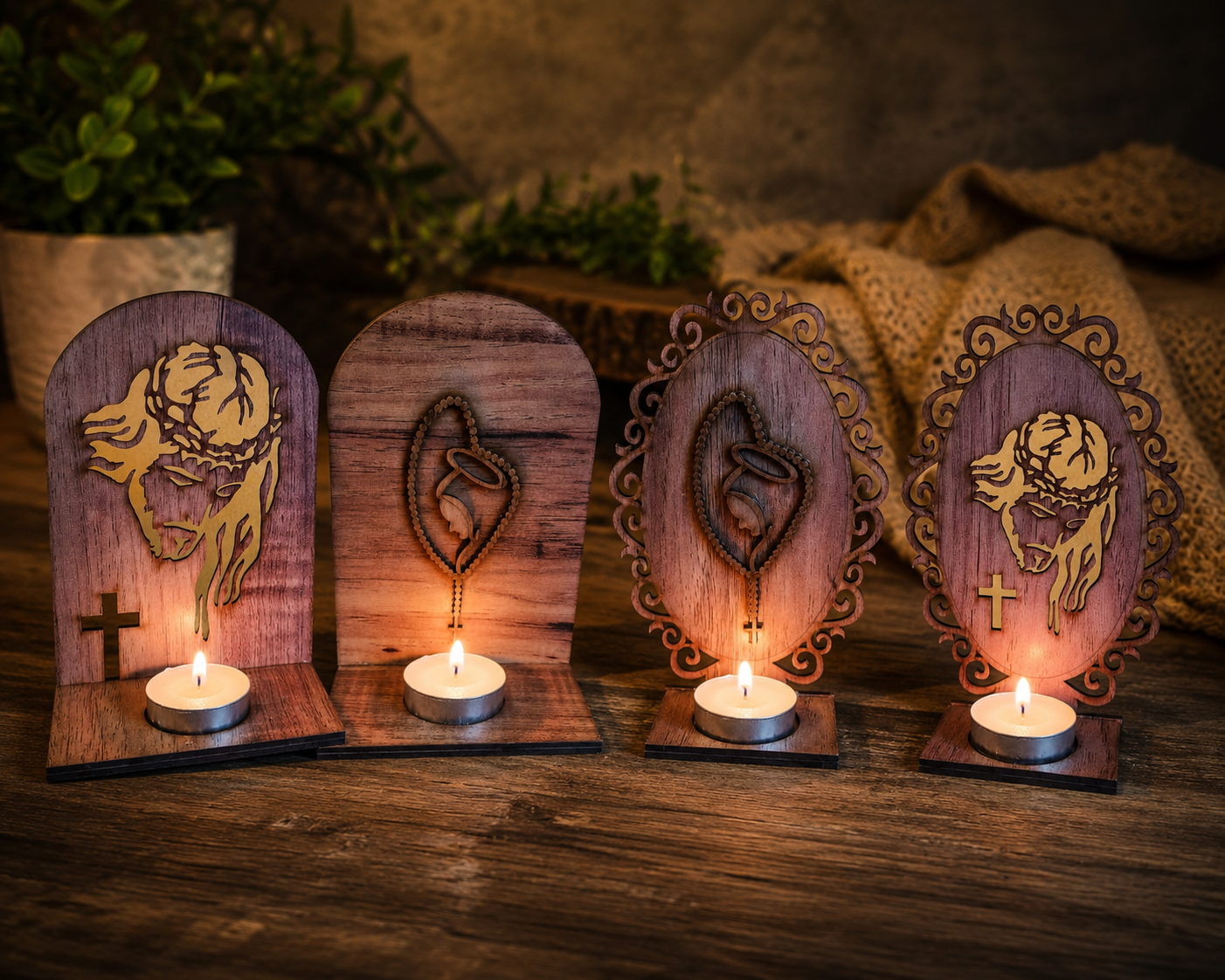 Handcrafted Christian Wooden Candle Holder Collection