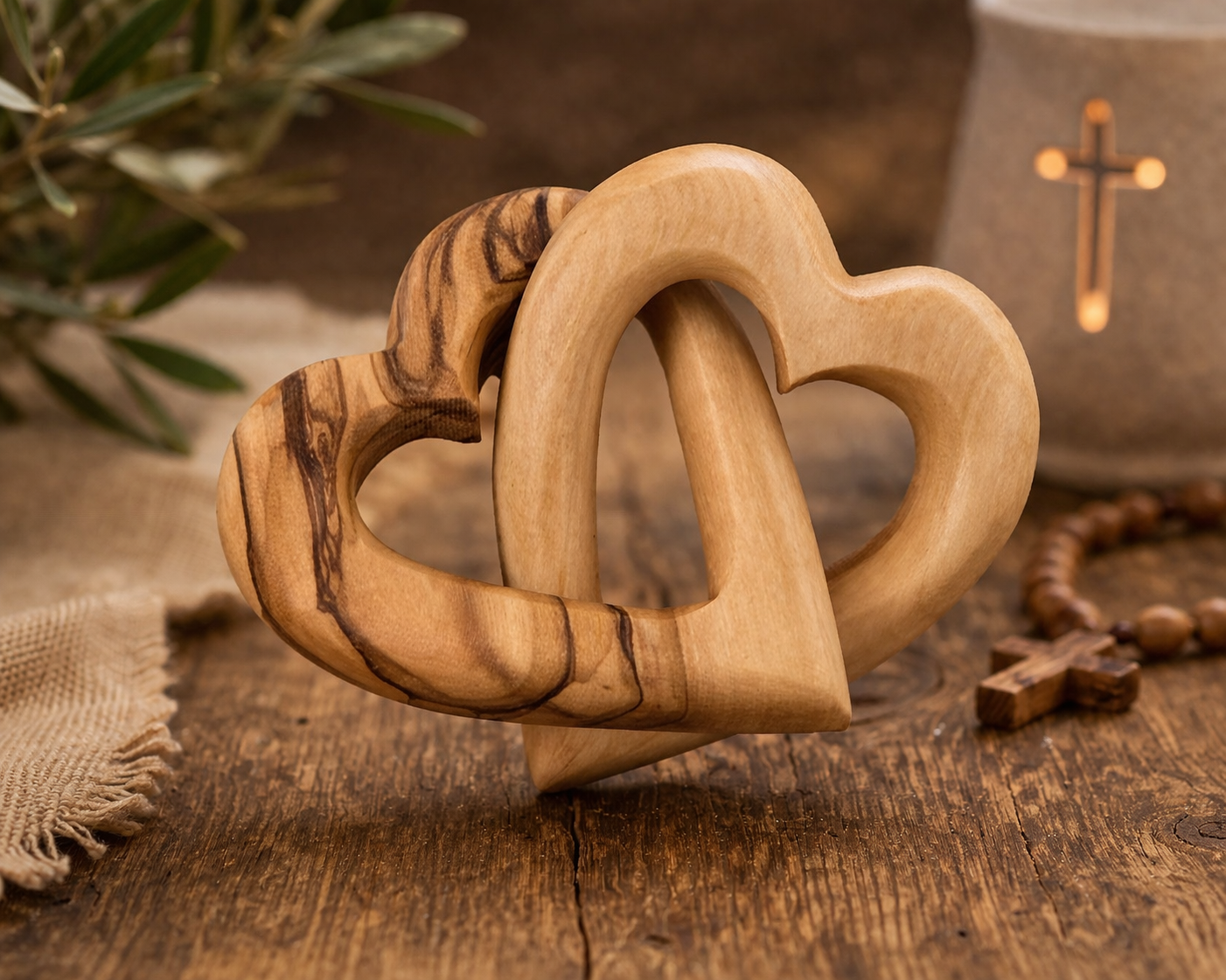 Intertwined Olive Wood Hearts – Unity & Love Sculpture