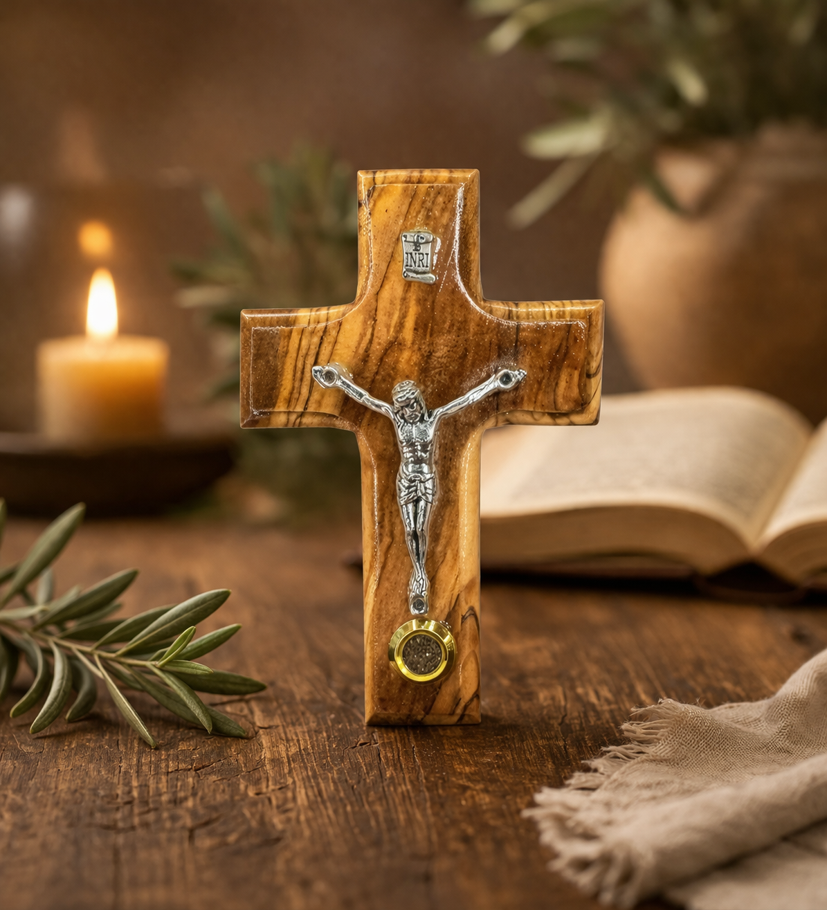 Olive Wood Crucifix with Metal Corpus