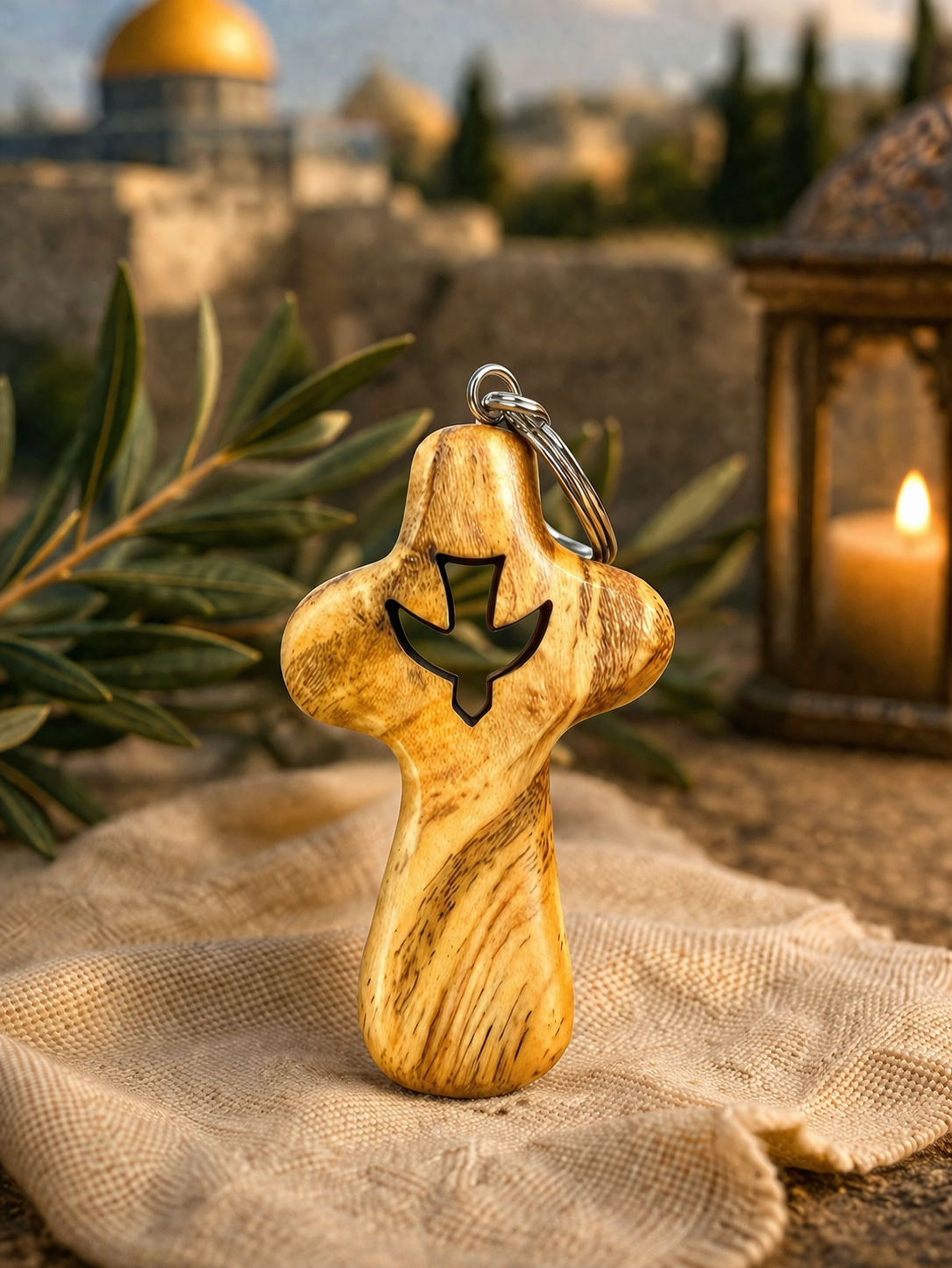 Olive Wood Cross Keychain with Dove – Holy Spirit Symbol