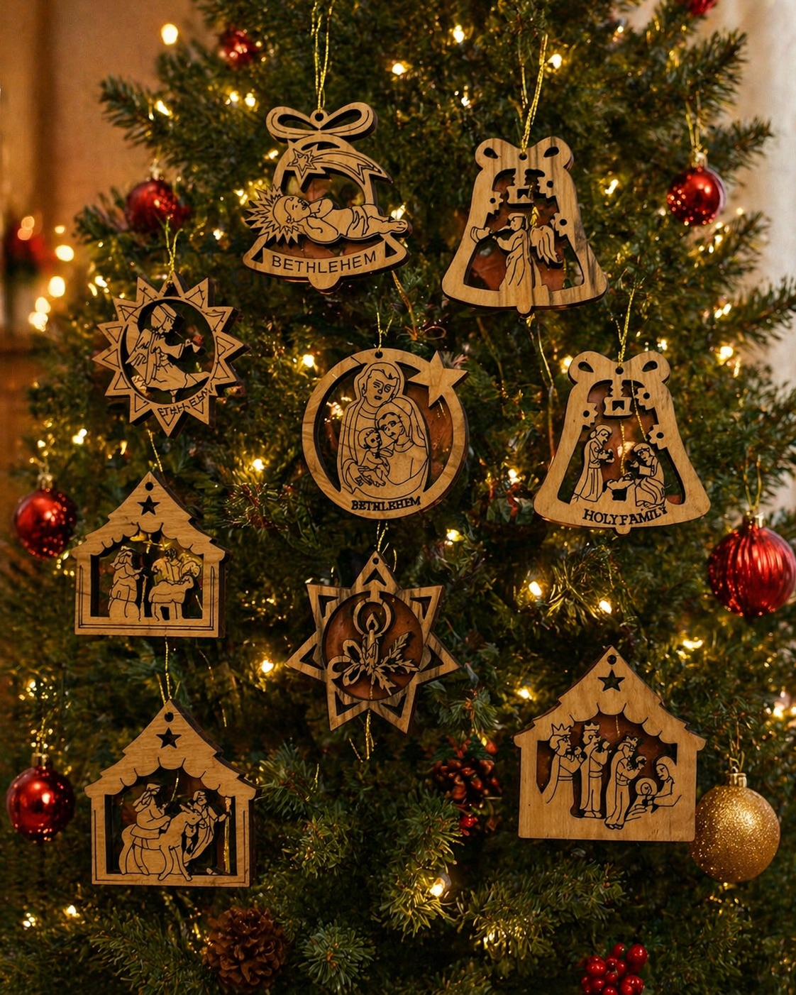 Bethlehem Olive Wood Christmas Ornaments – Handcrafted Nativity Collection