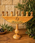 Handcrafted Olive Wood Menorah – Jerusalem Design (7 Branches)