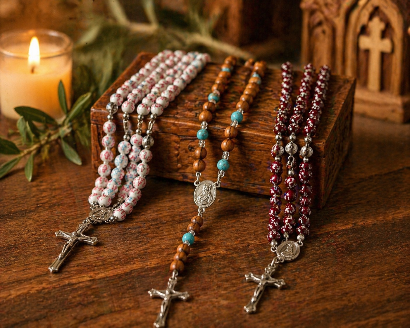 Rosary Set – Olive Wood, Ceramic & Crystal Beads