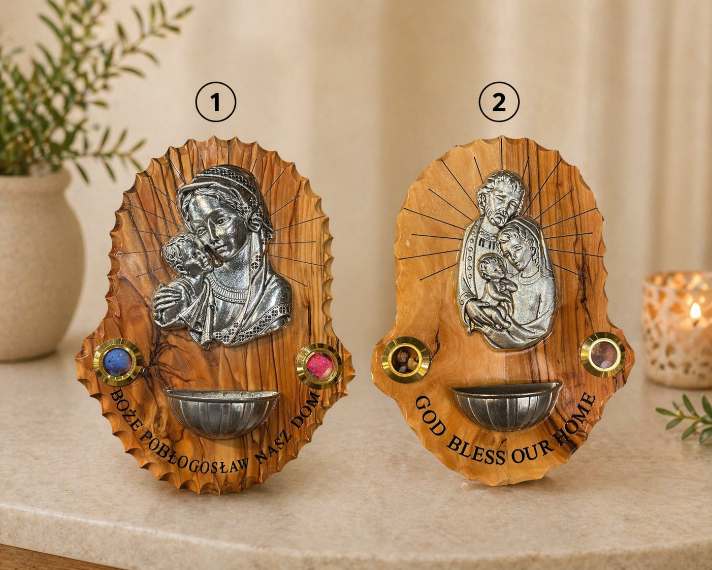 Olive Wood Holy Family Plaque with Incense & Holy Water Holder