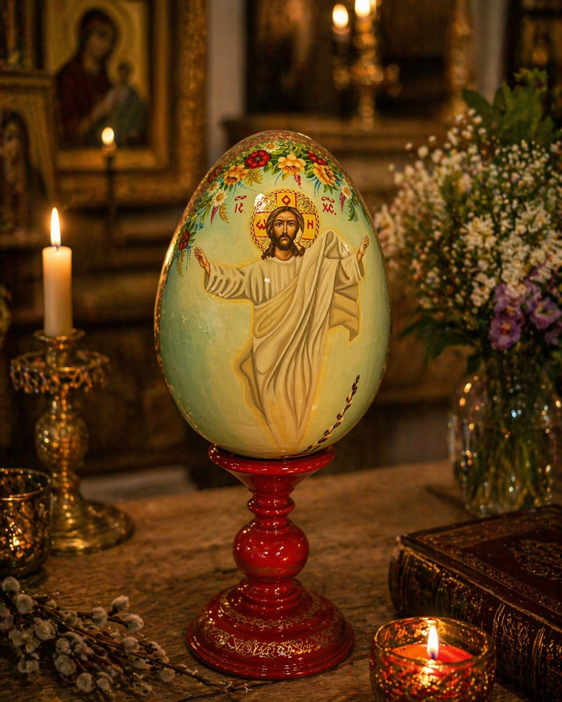 Hand-printed icon egg, Floral Crown Design
