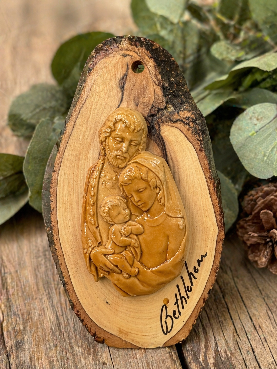 Olive Wood Holy Family Plaque