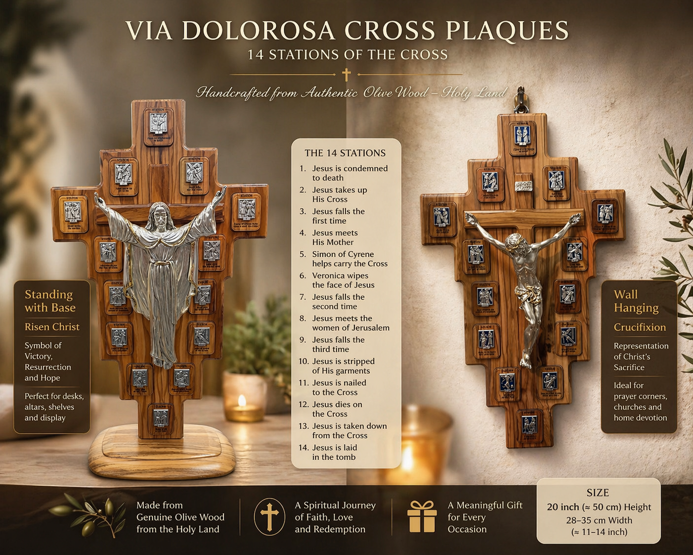 Olive Wood Via Dolorosa Cross Plaques – 14 Stations with Christ (Wall Hanging & Standing Base)