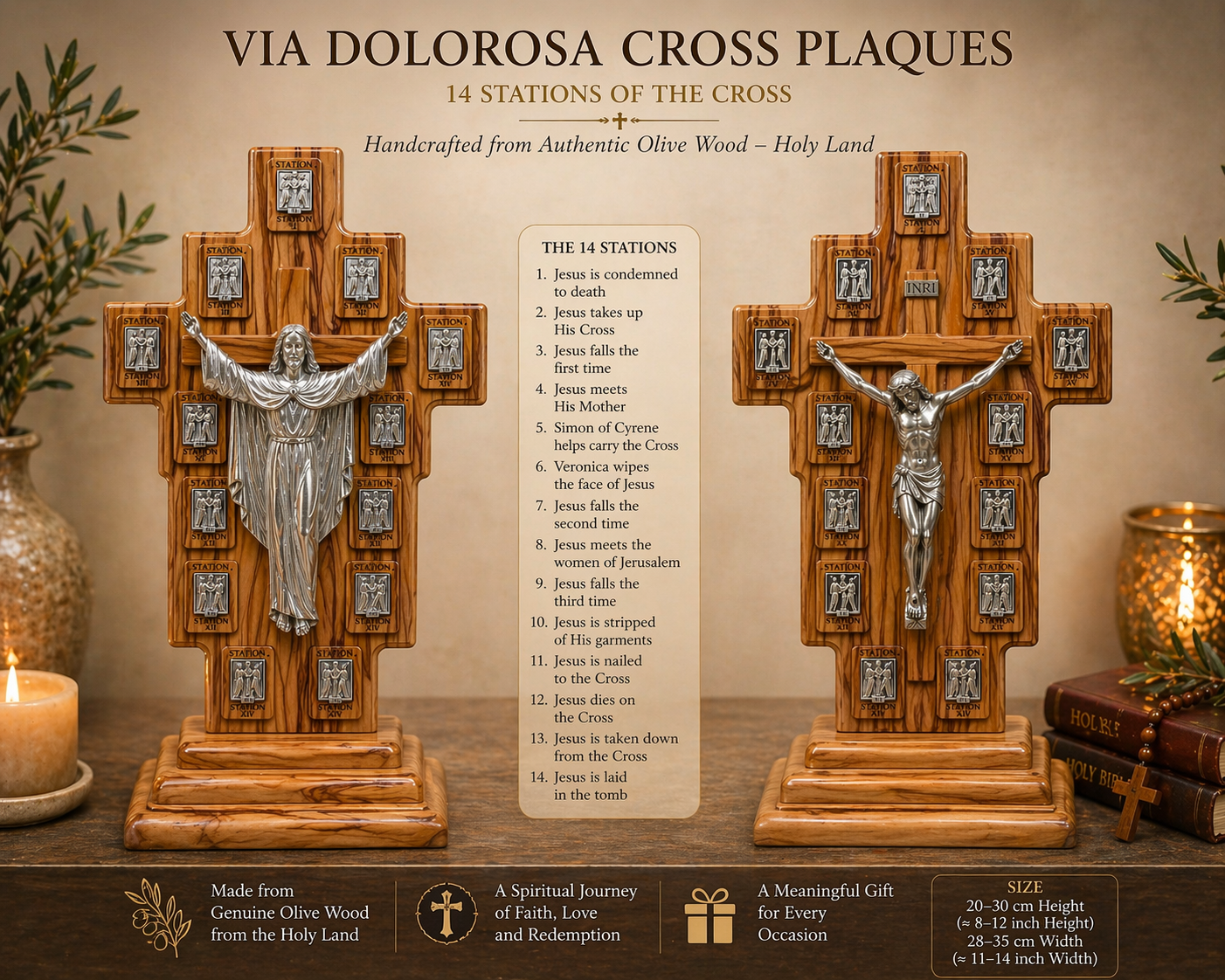 Olive Wood Via Dolorosa Cross Plaques – 14 Stations with Christ