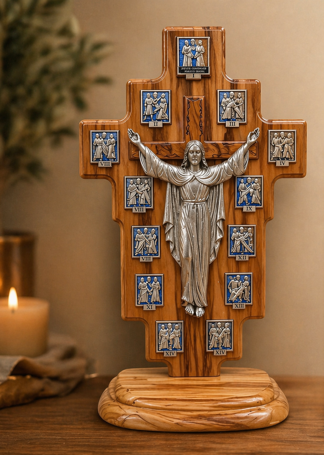 Olive Wood Via Dolorosa Cross Plaques – 14 Stations with Christ