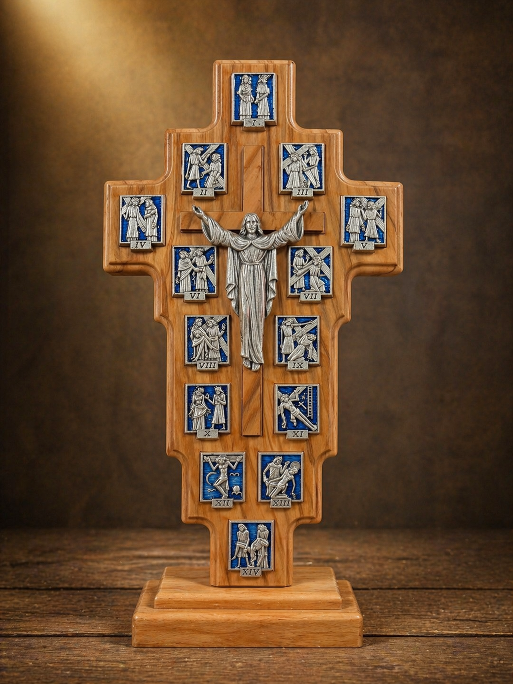 Olive Wood Via Dolorosa Cross Plaques – 14 Stations with Christ
