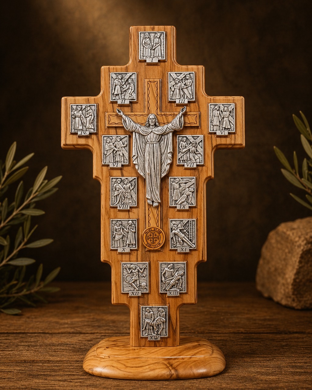 Olive Wood Via Dolorosa Cross Plaques – 14 Stations with Christ