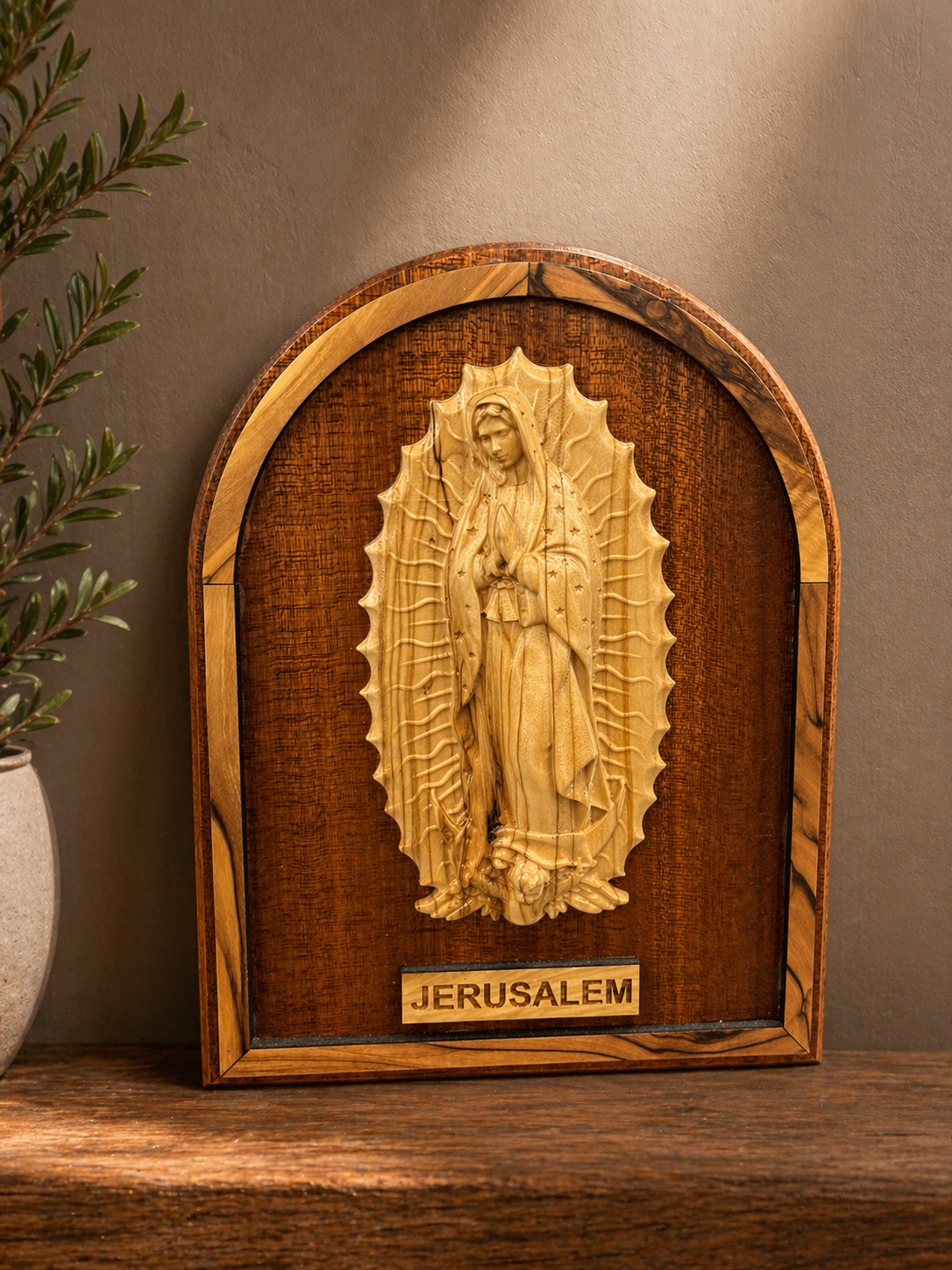 Virgin Mary Wooden Plaque – Hand-Carved Wall Art