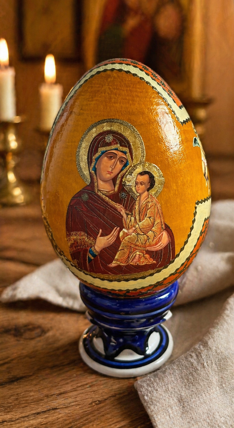 Hand-Painted Icon Egg – Virgin Mary & Christ Child