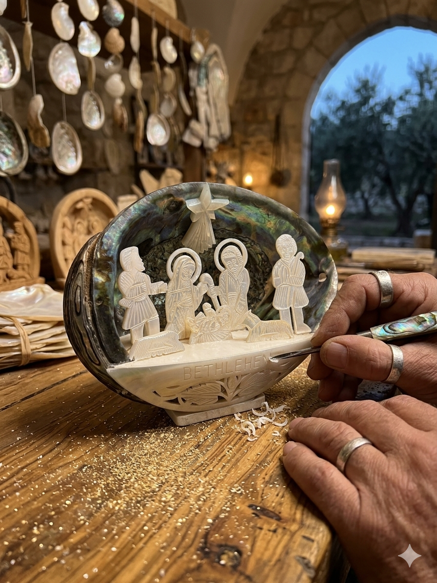 Hand-Carved Mother of Pearl Nativity in Abalone Shell