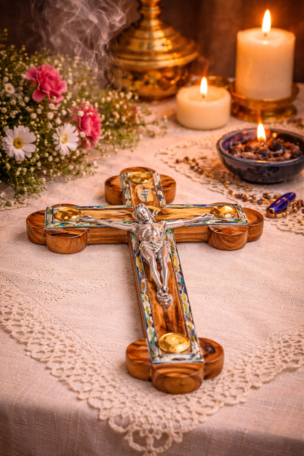 Olive Wood & Mother of Pearl Crucifix – Handcrafted in Bethlehem