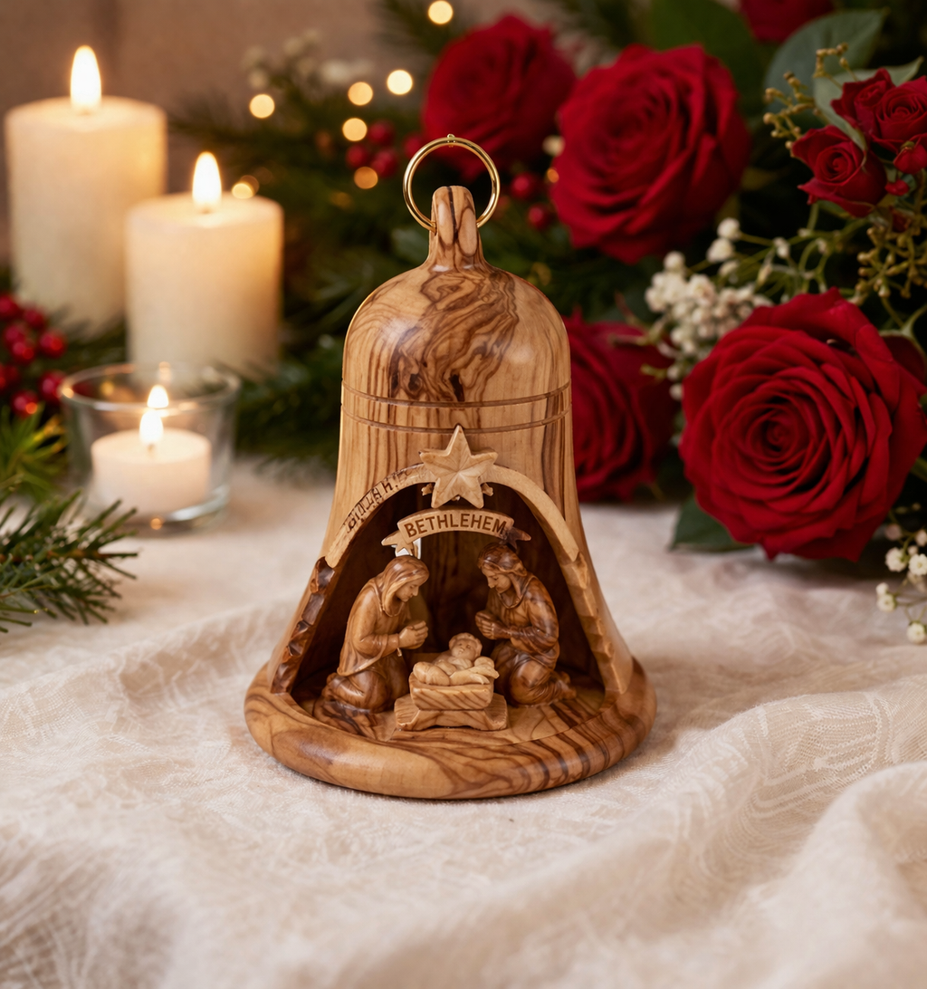 Olive Wood Nativity Christmas Bell