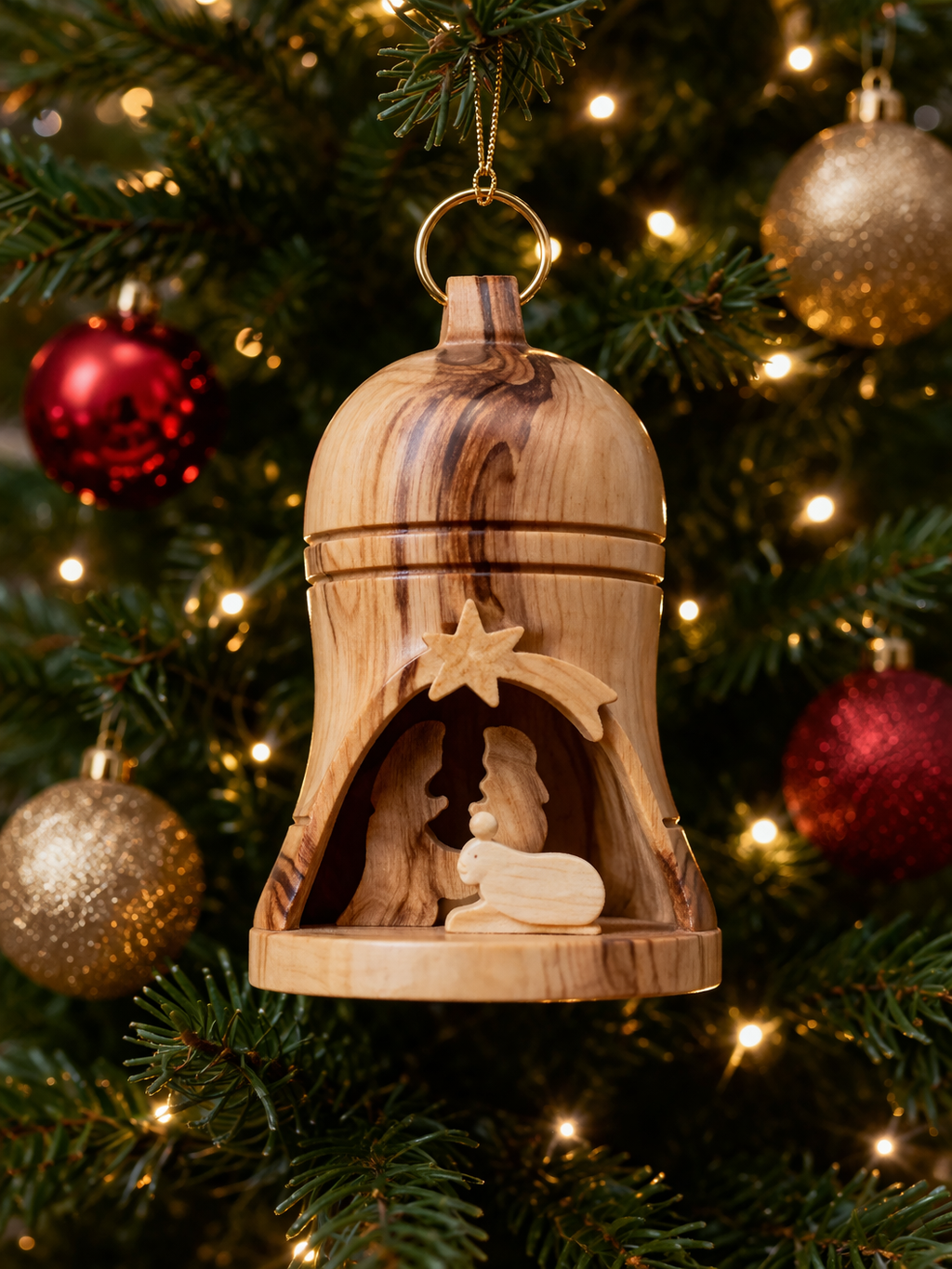 Olive Wood Nativity Christmas Bell